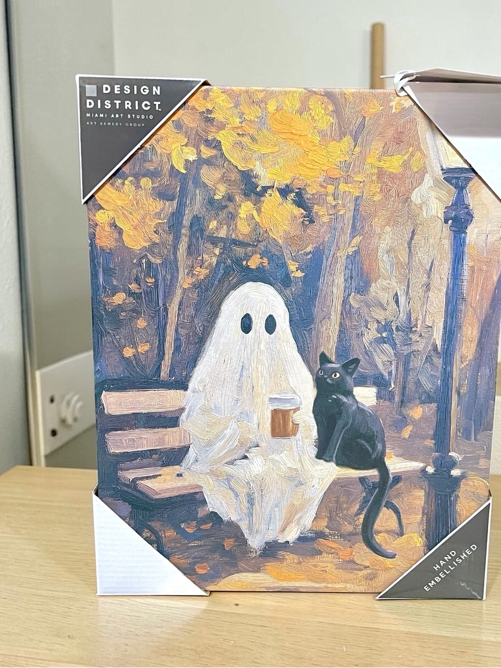 District Ghost with coffee & Black Cat Canvas Autumn Art